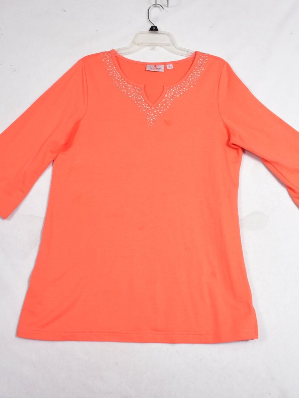 Quacker Factory Women's Orange Top Size Medium Rhinestone Neckline - Picture 2 of 7
